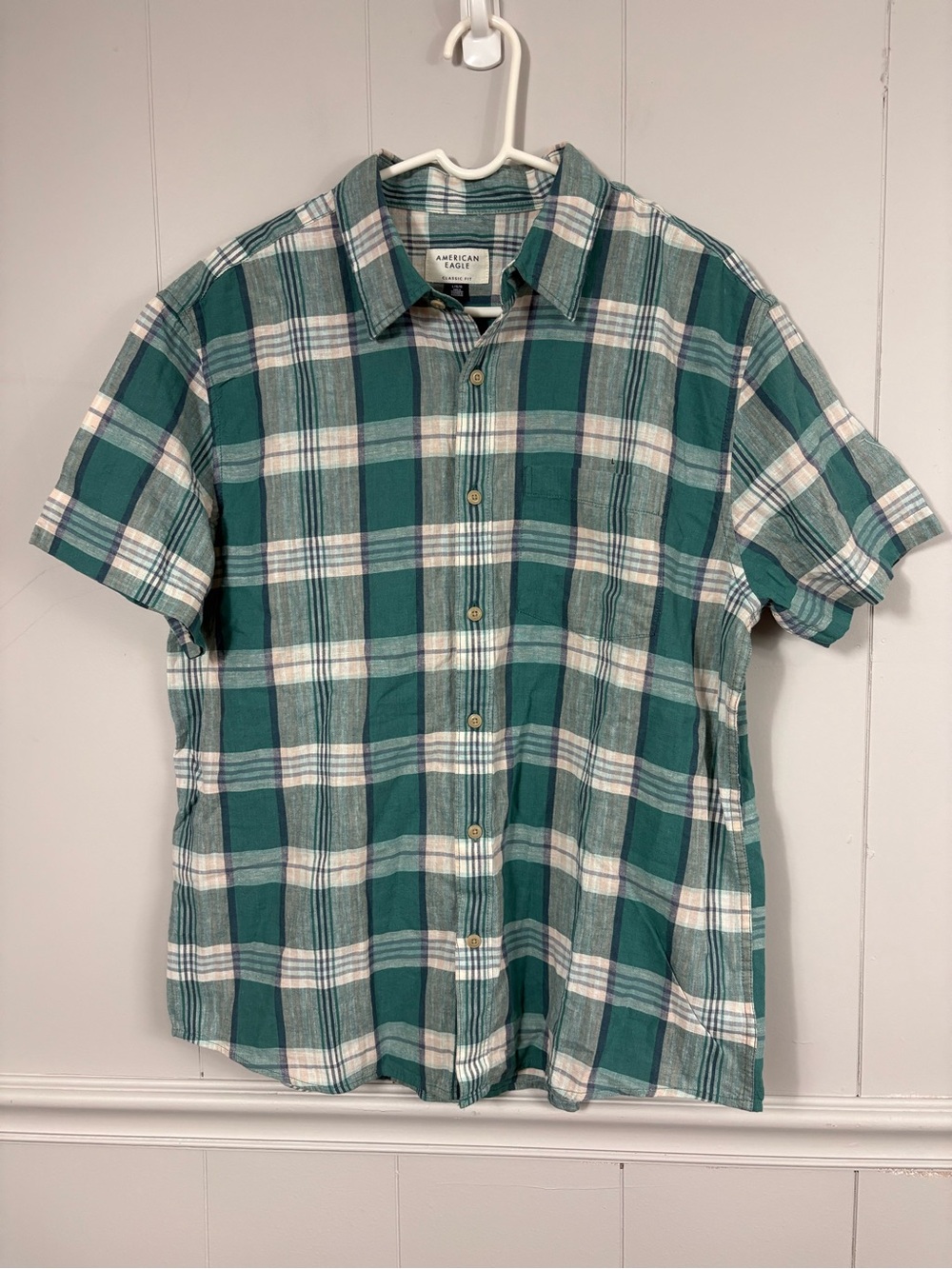 NWT American Eagle AE Classic Fit Linen-Blend Button-Up Teal Shirt Large Preppy